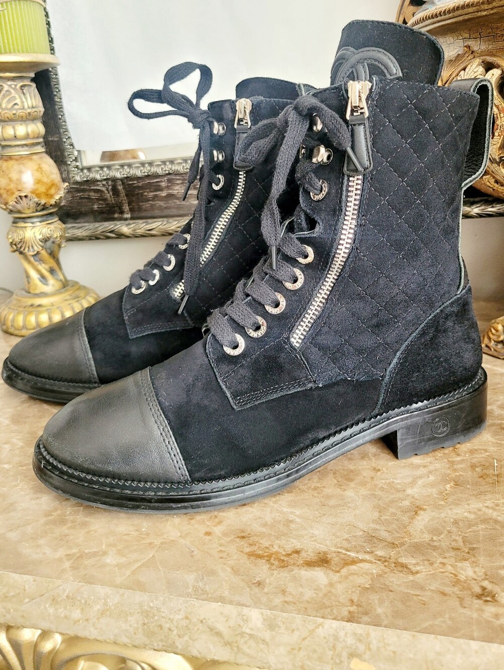 Chanel Suede Leather Black Quilted Lace-Up Combat/Moto Boots IT41/US 9-9.5